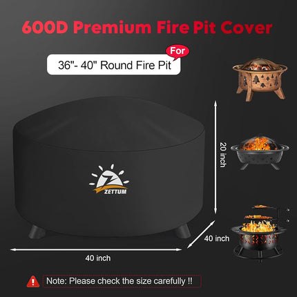 Zettum Fire Pit Cover Round 100 CM - 40 Inch Outdoor Firepit Cover Heavy Duty & Waterproof, 600D Patio Fire Table Cover Gas Fire Pit Accessories Fade & Weather Resistant - 101 x 101 x 50 CM