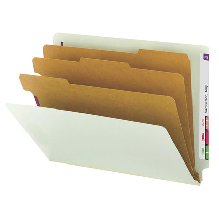 Smead 100% Recycled End Tab Pressboard Classification File Folder with SafeSHIELD Fasteners, 3 Dividers, 3" Expansion, Letter Size, Gray/Green, 10 per Box (26820)