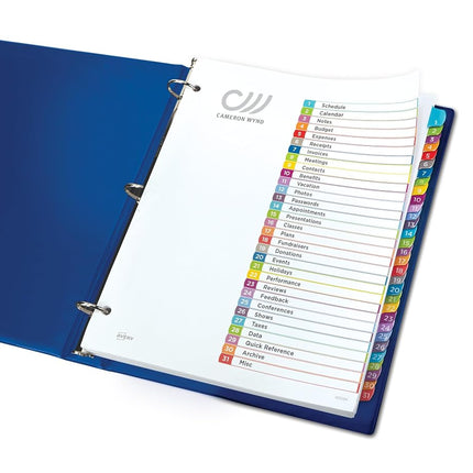 Avery 1-31 Tab Dividers for 3 Ring Binders, Customizable Table of Contents, Multicolor Tabs, 1 Set, 12 Packs (11846)