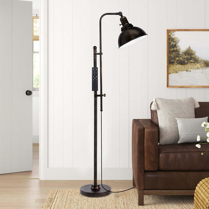 Lampadaire industriel réglable PARTPHONER, lampe de lecture rustique de style ferme à finition noire vieillie, lampadaire moderne avec télécommande et abat-jour en métal pour salon, chambre, bureau, hôtel