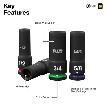 Klein Tools 65123HD KNECT Deep-Well Impact Socket Set, 1/2-Inch Drive, SAE and Metric, 28-Piece Tool Set, 1/4-Inch Impact Driver, Wrench Extensions, Color-Coded, Removable Socket Organizer