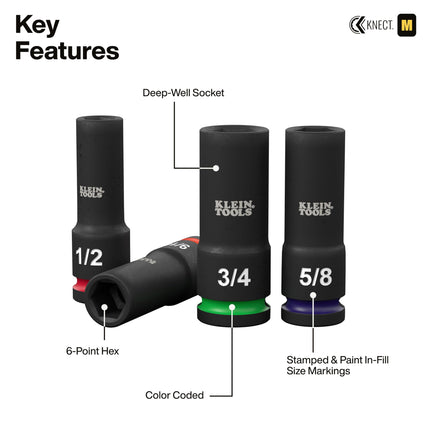 Klein Tools 65123HD KNECT Deep-Well Impact Socket Set, 1/2-Inch Drive, SAE and Metric, 28-Piece Tool Set, 1/4-Inch Impact Driver, Wrench Extensions, Color-Coded, Removable Socket Organizer