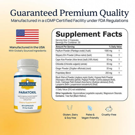 Simple Promise Paratoxil - Psyllium Husk Capsules for Daily Gut Wellness Support - with Slippery Elm, Aloe, Chlorella & Ginger - Natural Plant-Based Formula - 60 Capsules