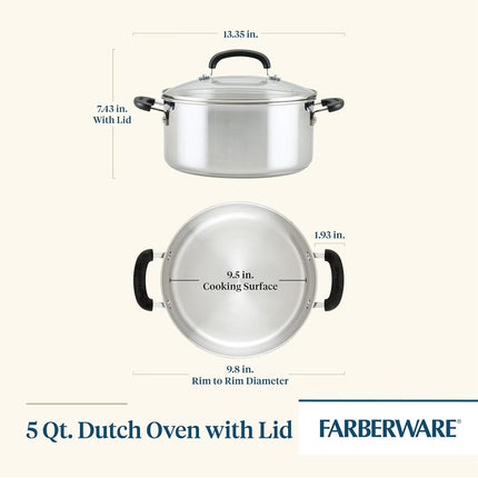 Farberware Brilliance Stainless Steel Dutch Oven/Casserole Pan with Glass Lid, 5 Quart, Dishwasher Safe and Induction Ready, Compatible with All Cooktops, Stainless Steel