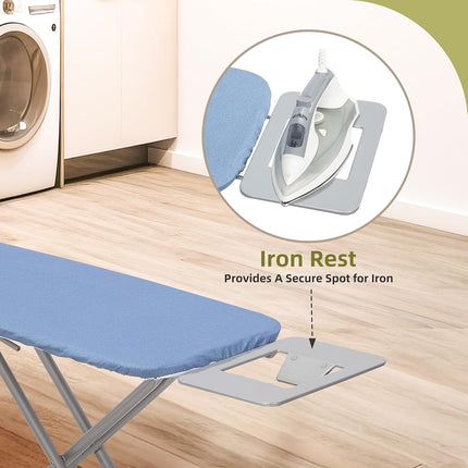 Storageideas Planche à Repasser 122 x 38 cm avec Support pour Fer, Hauteur Réglable de 66 à 91 cm, Planche à Repasser Pliable Pleine Taille, Gain de Place, avec Housse Rembourrée Amovible, Cadre et Pieds en Acier Robuste, Bleu