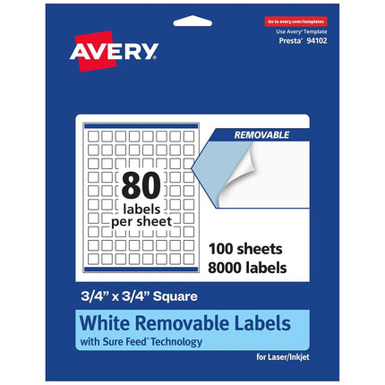 Avery Matte White Removable Square Labels with Sure Feed Technology, Print-to-The-Edge, 3/4" x 3/4", 8,000 Removable Labels, Laser/Inkjet Printable Labels