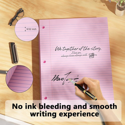 Pink Loose Leaf Paper 200 Sheets Colored Filler Paper 2 Pack 8 * 10.5 College Ruled 3-Hole Punched Paper for 3-Ring Binders Notebook Lined 8" x 10.5"