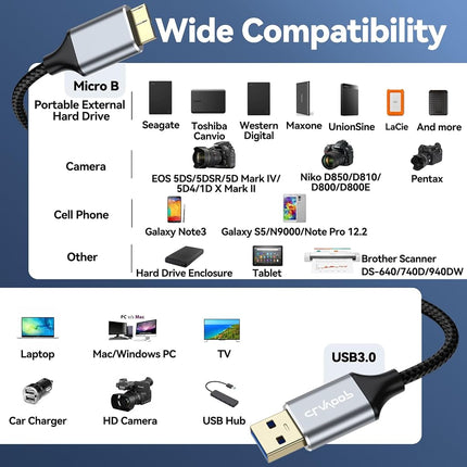 Câble USB 3.0 Micro B CLAVOOP 45 cm, Câble de Disque Dur Externe 5 Gbit/s USB A vers Micro B Haute Vitesse Compatible avec Disque Dur Seagate Xbox One Toshiba WD Western Digital