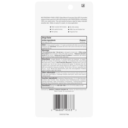 Neutrogena Pure & Free Protector Solar Mineral en Barra para Bebés con FPS 50 de Amplio Espectro y Óxido de Zinc, Resistente al Agua, Hipoalergénico, Libre de Parabenos, Tintes y PABA, Protector Solar para Cara y Cuerpo del Bebé, 0.47 oz