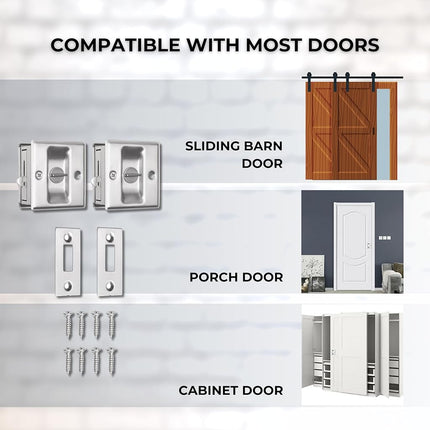 Eco-Fused Pocket Sliding Door Lock - Brushed Nickel Privacy Door Pull with Lock - Reversible - Compatible with Most Doors - Easy Grip - Doors with Thickness 1-3/8” (3.49 cm)