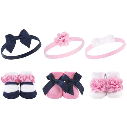 Hudson Baby Girl's Headband and Socks Giftset, Navy White 6-pack, One Size