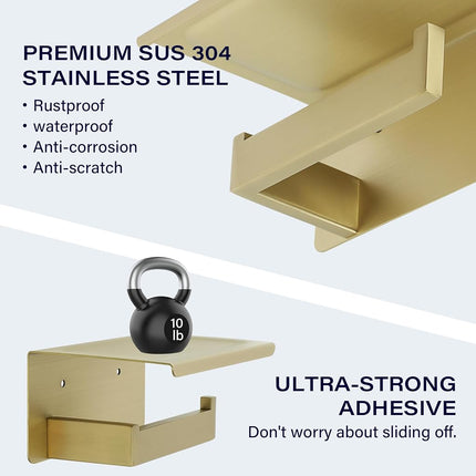 Alise Toilet Paper Holder,Bathroom Tissue Holder with Shelf,SUS304 Stainless Steel Toilet Paper Roll Holder Storage Dispenser,Self Adhesive or Wall Mount Drilling Paper Rack, Gold GYT5000-G