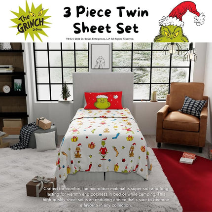 Franco Collectibles Dr. Seuss The Grinch Parure de lit de Noël super douce en microfibre 3 pièces pour lit jumeau (produit sous licence officielle)