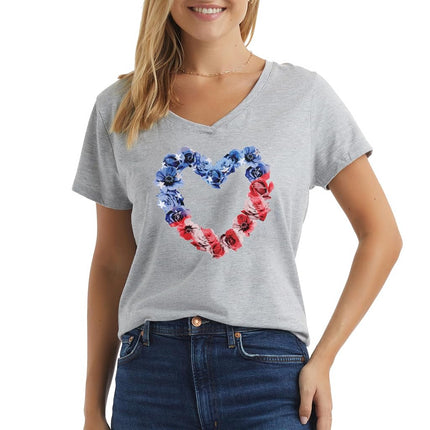 Hanes Women's Short Sleeve Graphic V-Neck Tee, Stars/Stripes Floral Heart/Light Steel, Medium