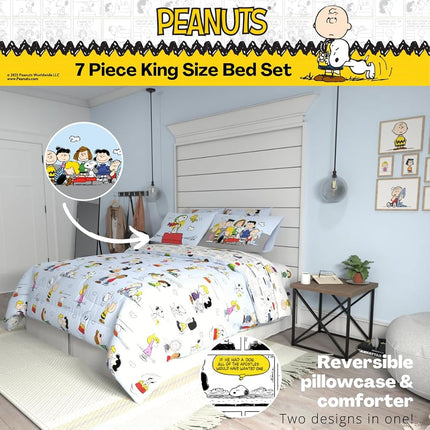 Franco Collectibles Peanuts Multi Character Bedding 7 Piece Super Soft Comforter and Sheet Set with Sham, King, (100% Official Licensed Product)