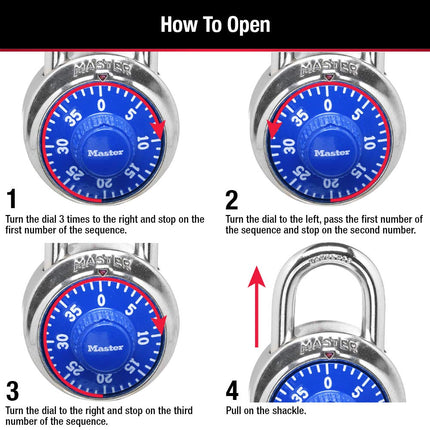 Candado de combinación para casillero Master Lock 1506D, paquete de 4, azul