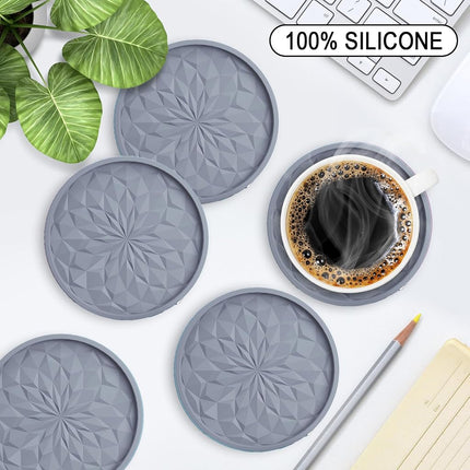 ME.Fan Silicone Coasters [6 Pack] Coasters with Holder - Drinking Coasters - Cup Mat for Drinks - Live for Hot or Cold Drink Thickened, Non-Slip, Non-Stick, Deep Tray Light Grey