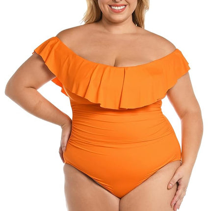 Maillot de bain une pièce à volants épaules dénudées La Blanca Island Goddess pour femme, mandarine, 22 Plus