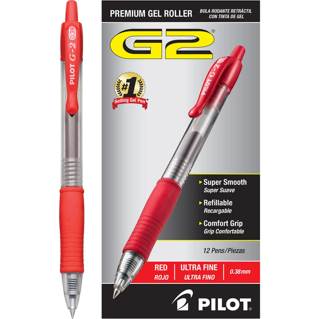 Bolígrafos de tinta de gel retráctiles Pilot G2, punta ultra fina, tinta roja, caja de docena -31279