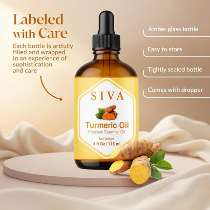 SIVA Turmeric Oil 4 fl oz – 100% Natural Steam Distilled Essential Oil with Dropper – For Diffuser, Hair, Skin, Soap & Candle Making
