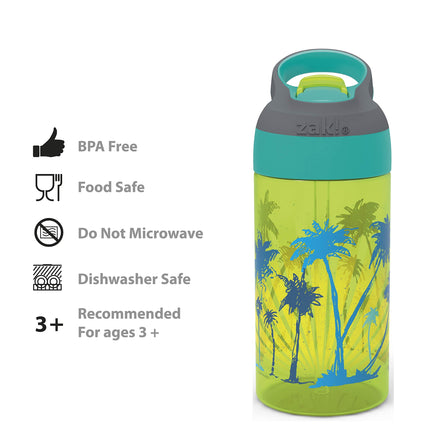Zak Designs Botella de agua para niños de 473 ml con diseño de tablas de surf y palmeras de Riverside Beach Life, con pajita y asa de transporte integrada, de plástico duradero, diseño a prueba de fugas para viajes, 2 unidades (paquete de 1)