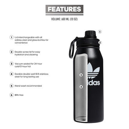 adidas Originals 1 Liter (32 oz) Metal Water Bottle, Hot/Cold Double-Walled Insulated 18/8 Stainless Steel, Black/White