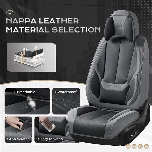 Coverado Seat Covers, Car Seat Covers Front Seats, Car Seat Cover, Car Seat Protector Waterproof, Seat Cushion Nappa Leather with Head Pillow, Carseat Cover Universal Fit for Most Cars (Gray&Black)