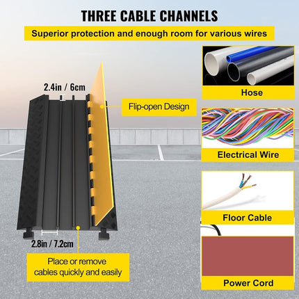 VEVOR 3-Channel Rubber Cable Protector Ramps Heavy Duty 44000Lbs Load Capacity Cable Wire Floor Cord Cover Ramp Speed Bump Driveway Hose Cable Ramp Protective Cover