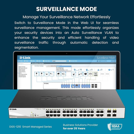 D-Link DGS-1210-52MP 52-Port Gigabit Smart Managed PoE Switch, 48 x 10/100/1000BASE-T PoE ports, 4 x Gigabit GbE/SFP Combo Ports, L2+ Static Routing, Surveillance Mode, 370 W PoE Budget , Black