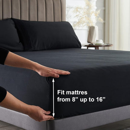 WODFAMY Parure de draps en microfibre de taille standard, très douce, poches profondes, draps noirs de luxe pour hôtel, respirante et rafraîchissante, infroissable, parure 4 pièces pour lit double