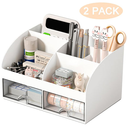 COMFYROOM Organizador de escritorio con 6 compartimentos y 2 cajones, organizador de maquillaje de plástico, portalápices para almacenamiento de escritorio, organizador de escritorio para útiles escolares, hogar, oficina (blanco-2 unidades)