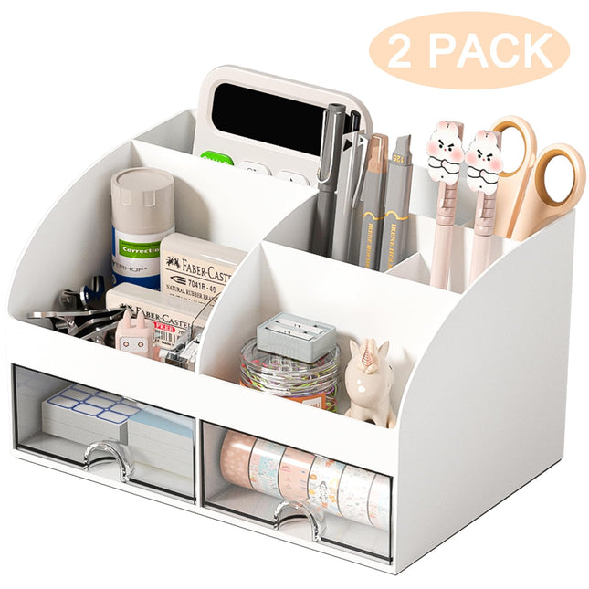 COMFYROOM Organizador de escritorio con 6 compartimentos y 2 cajones, organizador de maquillaje de plástico, portalápices para almacenamiento de escritorio, organizador de escritorio para útiles escolares, hogar, oficina (blanco-2 unidades)