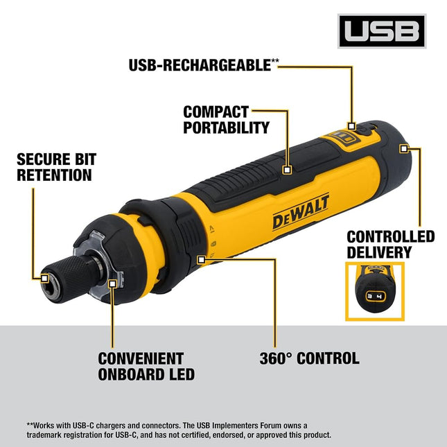 DEWALT Cordless Screwdriver USB Rechargeable with FLEXDRIVE Control and Screwdriver Bit Set, Electric Screwdriver Cordless with LED Light (DWHT66719)