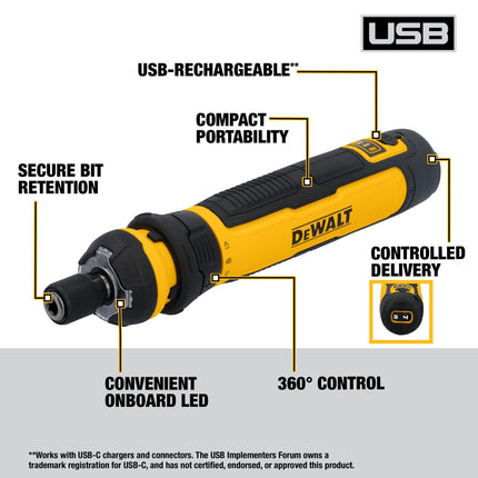 Destornillador inalámbrico DEWALT USB recargable con control FLEXDRIVE y juego de puntas de destornillador, destornillador eléctrico inalámbrico con luz LED (DWHT66719)