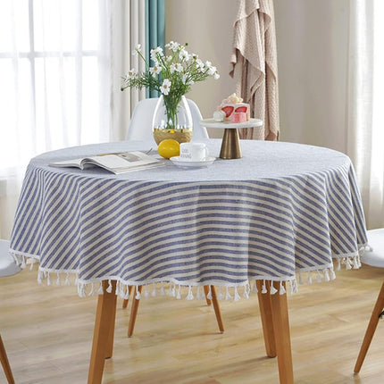 Meioro Round Tablecloth Stripe Tassel Table Cloth Cotton Linen Dust-Proof Table Cover for Dining, Parties, Holiday Indoor Outdoor Use (Blue/White Stripes, 39 Inch)