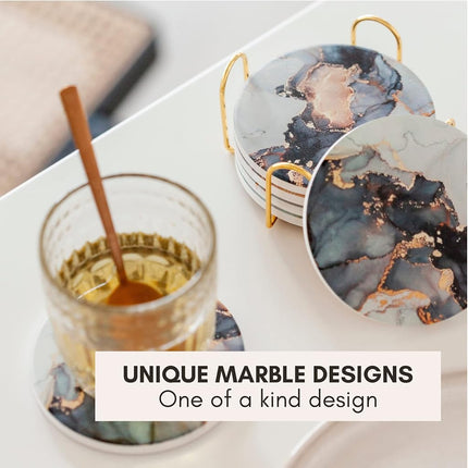 Ceramic Absorbent Coasters Set of 6 with Holder, Marble Drink Coasters for Coffee Table, Water Absorbing Coaster (Black)