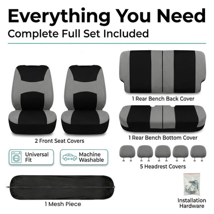 FH Group 3 Row Set 7 Seater Light & Breezy Flat Cloth Car Seat Covers, Combo Steering Wheel Cover & Seat Belt Pads, Airbag and Split Rear, Universal Fit for Cars Trucks, SUV, Gray