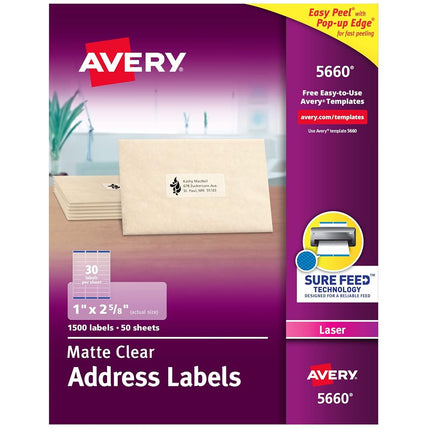 'Avery 5660 Clear Address Labels, Clear/Laser Address Labels, 1 x 2.625 1500 Piece (S), 50 Sheets)