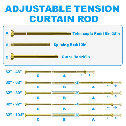 TEECK Shower Curtain Rod, 32-68 inch Adjustable Spring Tension Curtain Rod, Never Rust Anti-Slip Shower Curtain Rod for Bathroom, No Drilling, Never Collapse, Easy to Use, Gold