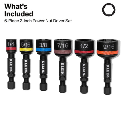 Klein Tools 32926S 2-Inch Magnetic Power Nut Setters, Compact Impact Driver Set, Color-Coded, SAE, Impact-Rated, 6-Piece