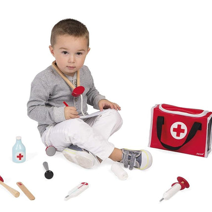 Janod - Doctor's Suitcase for Children - 10 Solid Wood Accessories Included - Prentend Play Toy - For children from the Age of 3, J06513, Red
