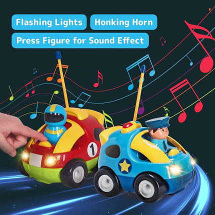Prextex Remote Control Cars for Kids Age 3 and Up - 2-Pack Cartoon RC Car Police and Race Kids Toys - Realistic Sirens, Honking Sounds, and Flashing Headlights - Ideal Stocking Fillers for Toddlers