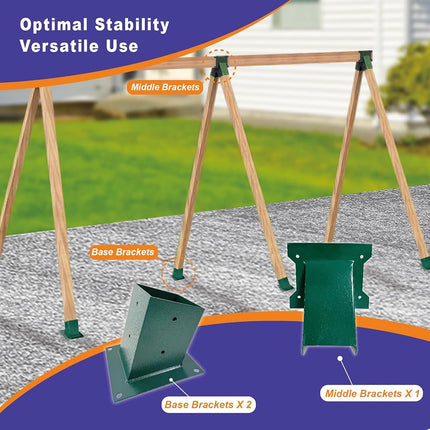 A-Frame Swing Set Brackets - DIY Swing Set Bracket for 4x4 Legs & 4x6 Beam, Installed on Wooden or Concrete Floors, Green (1 Middle Bracket +2 Bases)
