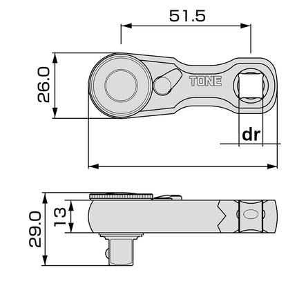 TONE Stubby Ratchet Handle (Hold Type) RH3HSS3 Drive Angle 0.37 inches (9.5 mm) (3/8 inches)