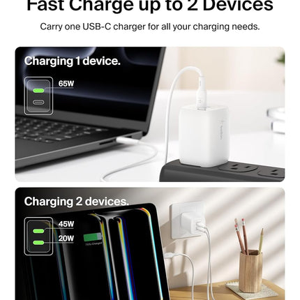 Belkin BoostCharge Pro 65W Dual USB-C GaN Wall Charger Multi-Port Charger with 2X USB-C PD 3.0 Fast Charging Port for MacBook, iPhone, iPad, Galaxy, Google Pixel and More