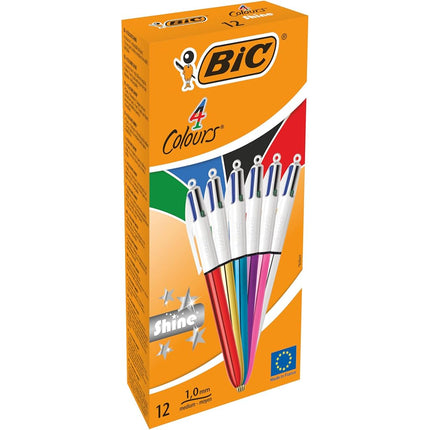 BIC 4 Colours Shine Retractable Ballpoint Pens, Medium Point (1.0 mm) - Assorted Metallic Barrels, Box of 12