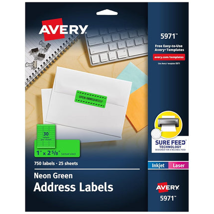 Avery Neon Address Labels with Sure Feed for Laser Printers, 1 x 2 5/8", 3,750 Green Stickers (5971)