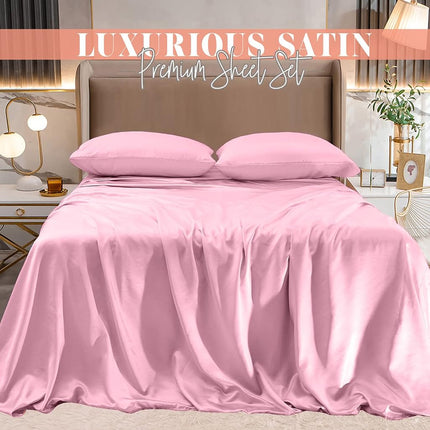 Elegant Comfort Luxurious 4-Piece Silky Satin Sheet Set, Skin and Hair Friendly, Wrinkle, Fade, Stain Resistant with Deep Pockets Fitted Sheet, Cooling Soft Satin Sheet Set, Queen, Light Pink
