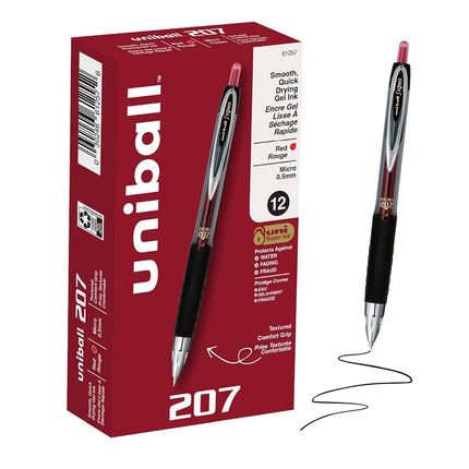 uni-ball 207 Retractable Gel Pens, Micro Point (0.5mm), Red, 12 Count