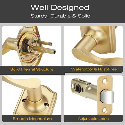 EHOMEWARE 1 Pack Interior Gold Door Handles, Keyless Closet Door Knobs, Passage Door Knobs No Lock, Wave Style Lever Door Handle, Reversible for Left/Right Handed Doors, Satin Brass Finish